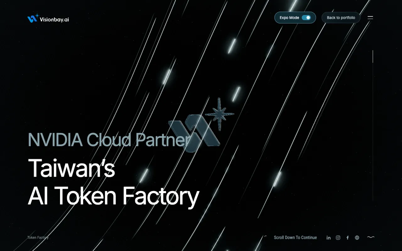 Visionbay Token Factory 開場：光線隧道與玻璃質感的 Visionbay 標誌